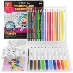 Arteza&reg; Kids Canvas Paint Kit, 3 canvas 4x4 in, Watercolor pencils and markers, Fantasy