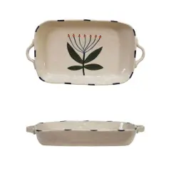 Hello Honey 1-Quart Hand-Painted Stoneware Organic Shaped Baker with Handles and Flower, Multicolor