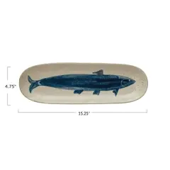 Hello Honey&reg; 15.2" Antique White & Blue Hand Painted Fish Farmhouse Stoneware Platter