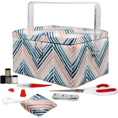 SINGER&reg; Large Teal Zig Zag Print Premium Sewing Basket with Sew Kit