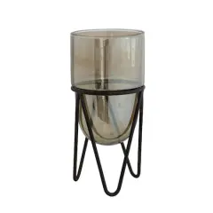 Hello Honey&reg; Brown & Black Glass Pillar Candle Holder With Metal Stand