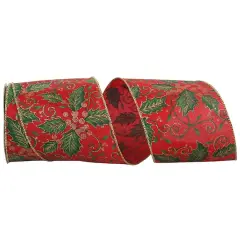 JAM Paper 4" x 10yd. Satin Wired Holly Leaf Glitter Ribbon