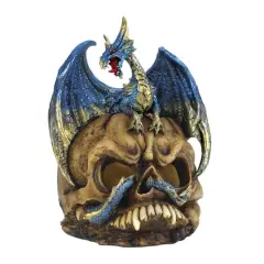 7" Blue Dragon Atop Light-Up LED Skull Statue