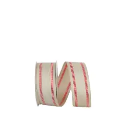 JAM Paper 1.5" x 20yd. Natural & Red Stitched Stripes Wired Linen Ribbon