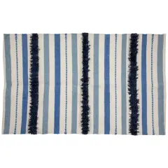 Blue, Cream & Black Striped Handloom Woven Outdoor Throw Rug, 3.5ft.x 2ft.