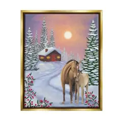 Stupell Industries Holiday Horses Winter Scene Framed Floater Canvas Wall Art Gold