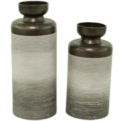 Bronze Metal Vase with Embossed Ribbing Set of 2 16", 13"