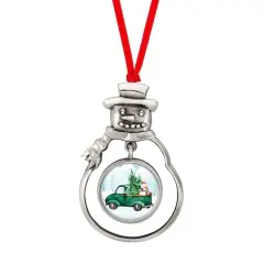 Snow Man Ornament With Colorized Quarter Green Vintage Christmas Truck Coin