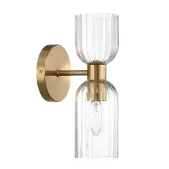 Hello Honey&reg; Josephine Brushed Gold Mid-Century Modern Metal & Clear Ribbed Glass Wall Light
