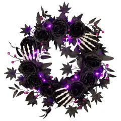 24" Bad to the Bone Black Flower & Skeleton Hand Halloween Pre-Lit LED Wreath