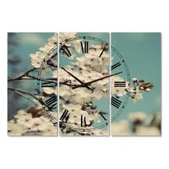 Designart White Spring Blossom Oversized Cottage 3 Panel Wall Clock