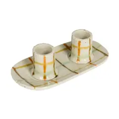 Hello Honey&reg; 5.75" Multicolor Plaid Charm Stoneware Taper Candle Holder