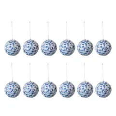 Hello Honey&reg; 12 Pack 4" Blue & Cream Round Printed Paper Mache Ball Ornaments with Flowers & Peacock Feather Design