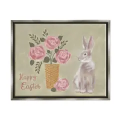Stupell Industries Happy Easter Bunny Rose Bouquet Floater Framed Art Gray