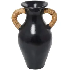 21" Black Ceramic Jug with Rattan Wrapped Handles