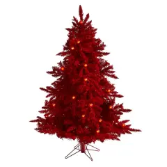 5ft. Pre-Lit Red Flocked Fraser Fir Artificial Christmas Tree with Red Lights
