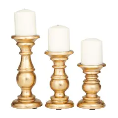Mango Wood Traditional Candle Holder Set Gold