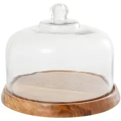 10" Brown Mango Wood Decorative Cake Stand with Glass Cloche