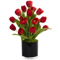 Tulips Silk Arrangement in Black Glossy Cylinder Vase