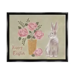 Stupell Industries Happy Easter Bunny Rose Bouquet Floater Framed Art Black