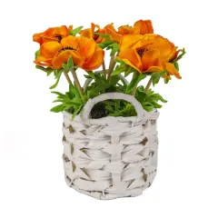 10" Anemone Flower Bouquet In White Basket Orange