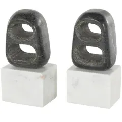 8.25" White & Black Marble Geometric Cutout Oval Bookend Set with Block Base