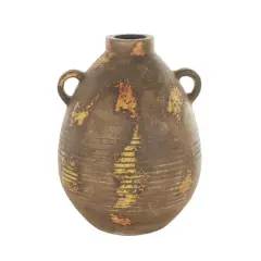 15.25" Brown Ceramic Antique Style Distressed Vase with Grooves & Handles