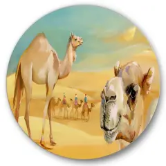Designart - Camels In The Desert - Farmhouse Metal Circle Wall Art