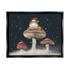 Stupell Industries Frog In Santa Hat Snowy Mushrooms Framed Floater Canvas Wall Art Black