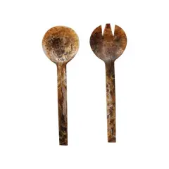 Hello Honey&reg; 10" Matte Brown Marble Finish Salad Server Set
