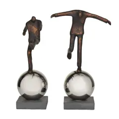 Bronze Polystone People Sculpture with Silver Ball Stands Set