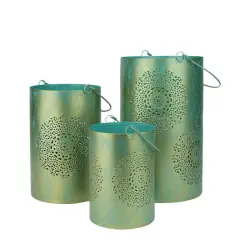 Decorative Floral Cut-Out Pillar Candle Lantern Set Turquoise