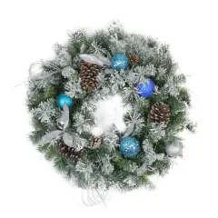 24" Teal & Silver Ball Flocked with Pinecones Artificial Wreath
