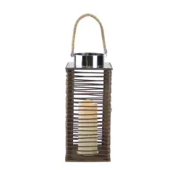 15.5" Wooden Corded Lantern with LED Pillar Candle