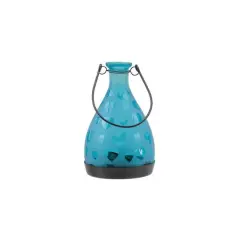 Frosted Hearts Glass Bottle Tea Light Candle Lantern Blue