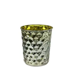 4" Yellow & Silver Hammered Mercury Glass Votive Candle Holders, Set Of 4