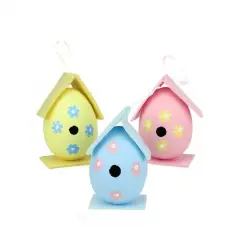 Set of 3 Multicolor Painted Easter Egg Birdhouse Ornaments