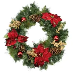 24" Red Poinsettias Gold Pinecones & Berries Artificial Wreath