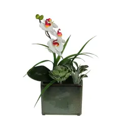 12" White Springtime Easter Orchid & Succulents Artificial Arrangement In Planter