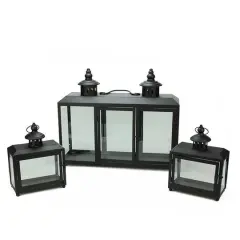Black Wide Colonial Design Glass Pillar Candle Lanterns Set
