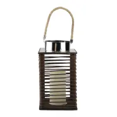 11.75" Wooden Corded Lantern with LED Pillar Candle