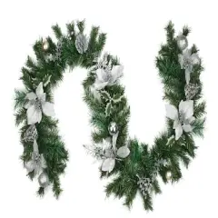 Pre-Decorated Silver Poinsettia Pine Cone & Ball Artificial Garland, Unlit