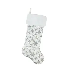 20.5" Sequin Snowflake Stocking With White Faux Fur Cuff, White & Silver