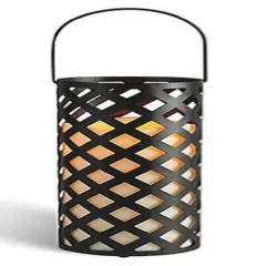 12" Metal Criss Cross Lantern with Bisque LED Pillar Candle, Black