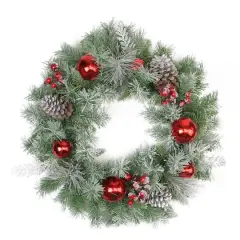 24" Flocked Pine Red Ball Berries & Silver Cedar Artificial Wreath, Unlit
