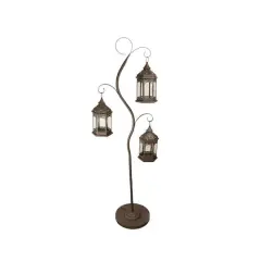 60" Rustic Brown Pillar Candle Holder Tree with 3 Lanterns