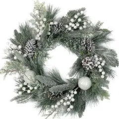 24" Frosted Artificial Mixed Pine and Pine Cone Wreath with Berries, Unlit