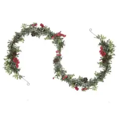 Glittered Artificial Boxwood Pine Cones & Red Berry Garland, Unlit