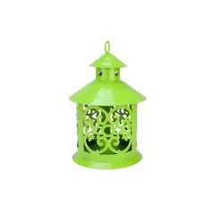 8" Shiny Candle Holder Lantern with Star & Scroll Cutouts Lime Green