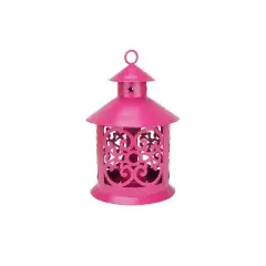 8" Shiny Candle Holder Lantern with Star & Scroll Cutouts Pink